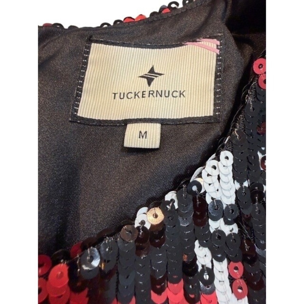 Tuckernuck Womens Medium Red Sequin Tartan Plaid Shift Dress 3/4 Sleeve Mini - Picture 7 of 9